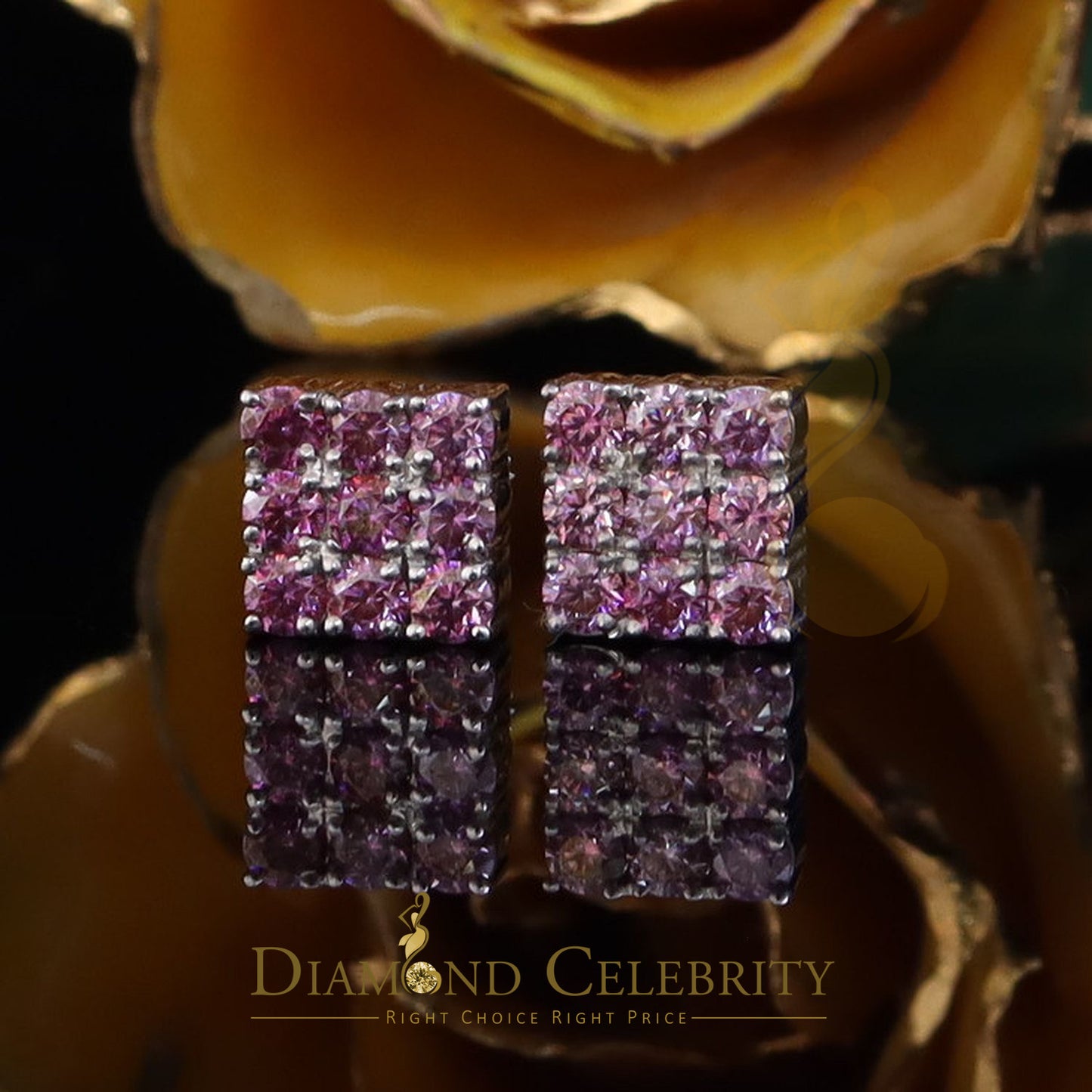 Diamondcelebritees 925 Silver White 2.25ct VVS D Pink Moissanite Men's/Women's Square Stud Earrings