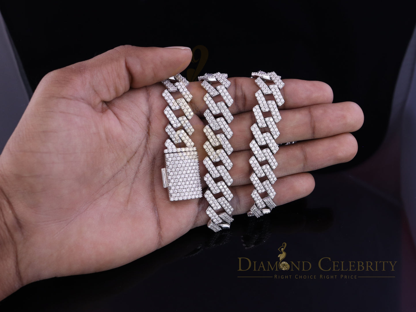 DiamondCelebritees 925 Silver 40ct Moissanite White Men's Cuban Necklace SZ 20inch & 16mm Width