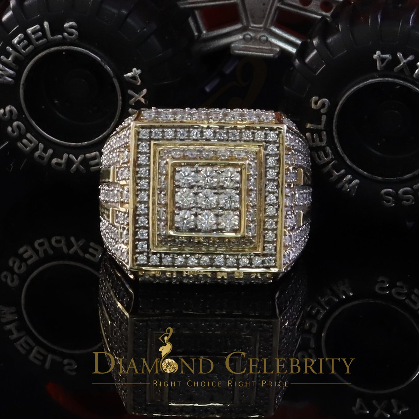 DiamondCelebritees Men's 925 Silver Yellow 4.00ct VVS 'D' Moissanite Square Rings Size 10