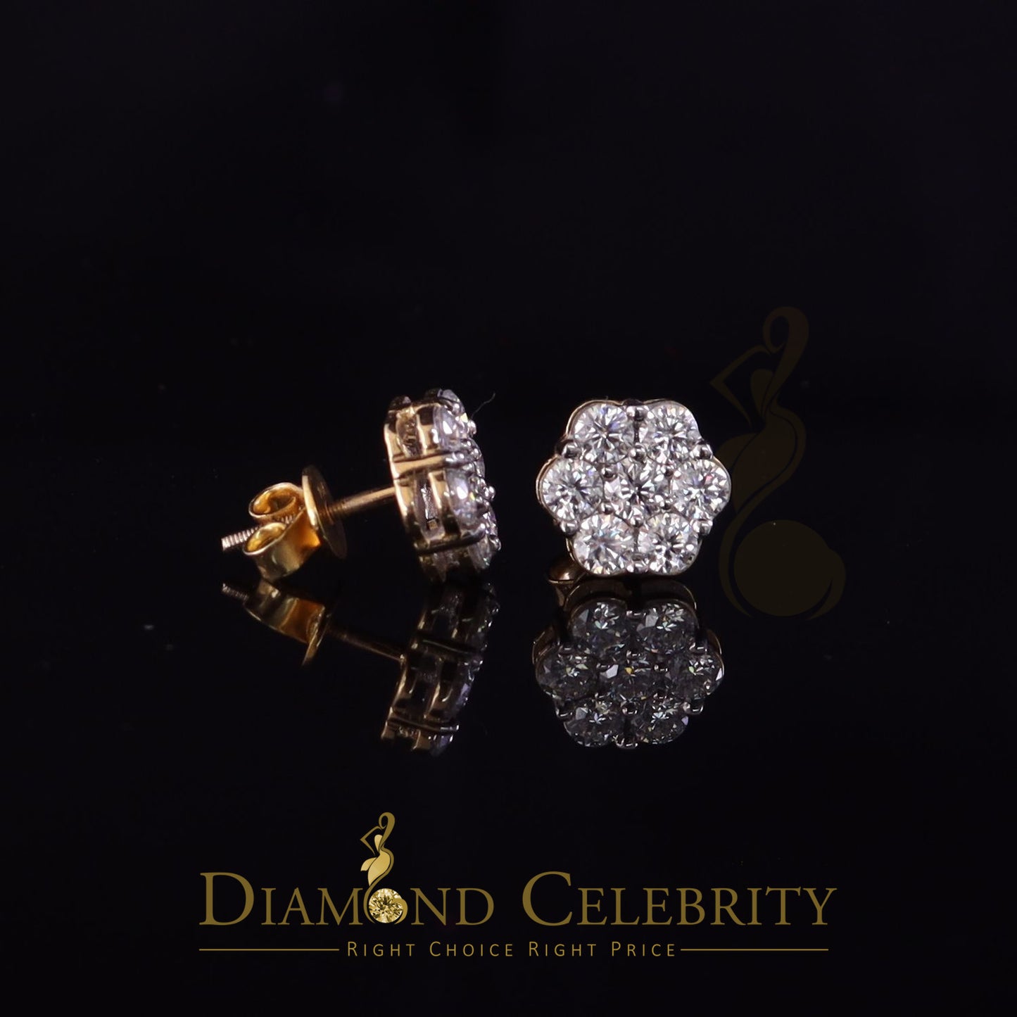 DiamondCelebritees Real Moissanite VVS 'D' Color 2.0ct 10k Real Yellow Gold Stud FLORAL Earrings