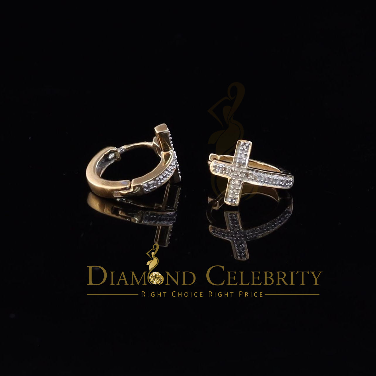 DiamondCelebritees 0.15ct Diamond 925 Sterling Silver Yellow Hoop Stud cross Earring For Men /Women