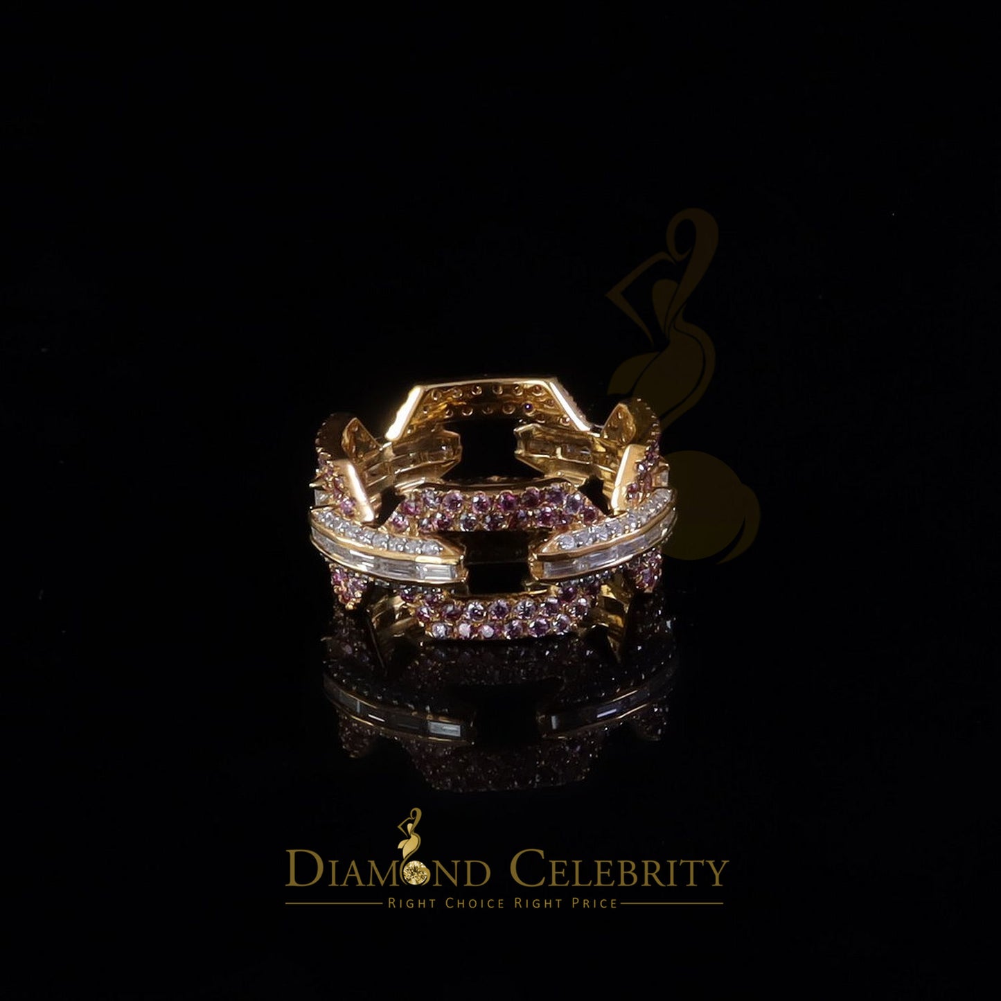 DiamondCelebritees 2.50CT Womens Pink Moissanite VVS D 925 Yellow Silver Baguette Eternity Ring Sz8