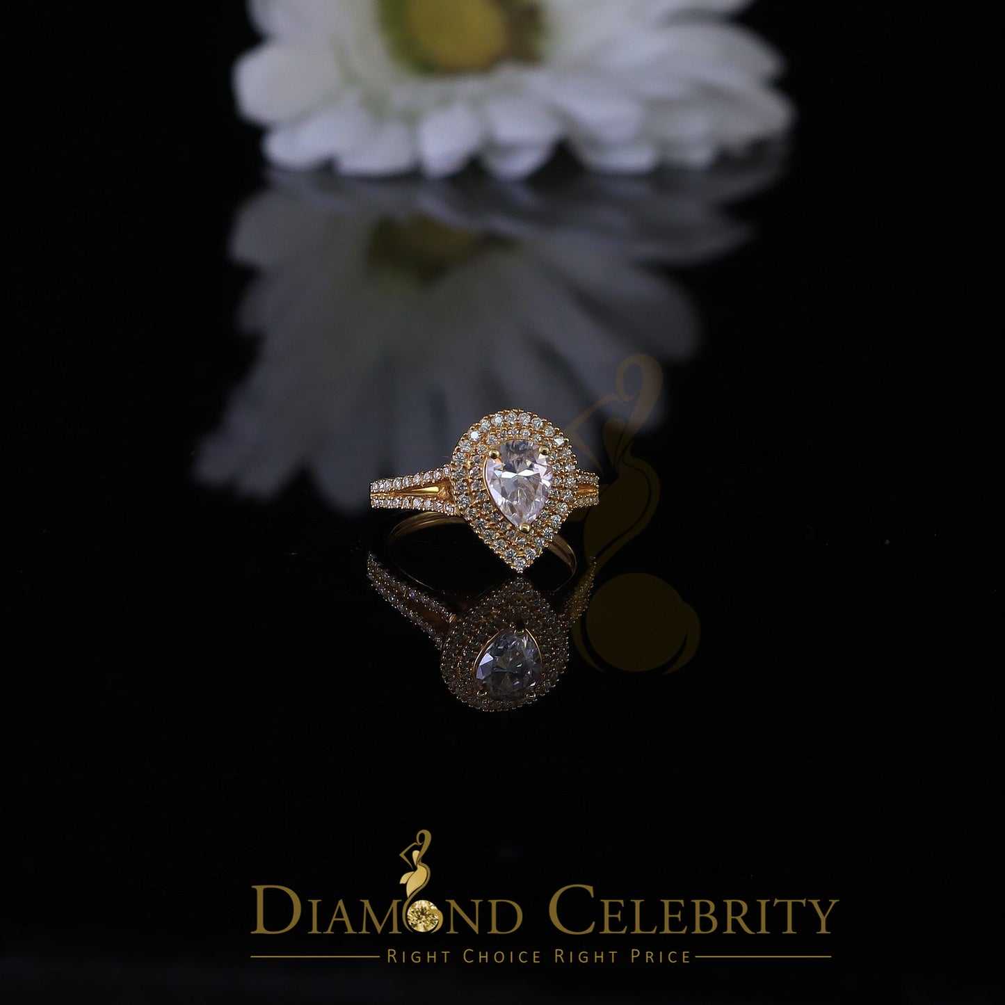 King Of Blings 10K Yellow Gold 2.00CT 'VVS' 'FL' D clr Pear Cut Moissonite Womens Ring Size 7