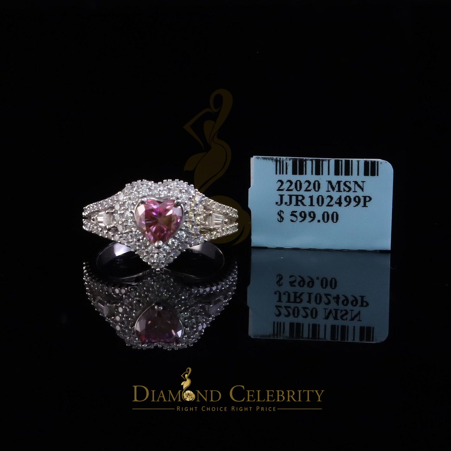 DiamondCelebritees 1.50CT Women's 925 Silver VVS D Pink & White Moissanite Heart Ring SZ 7