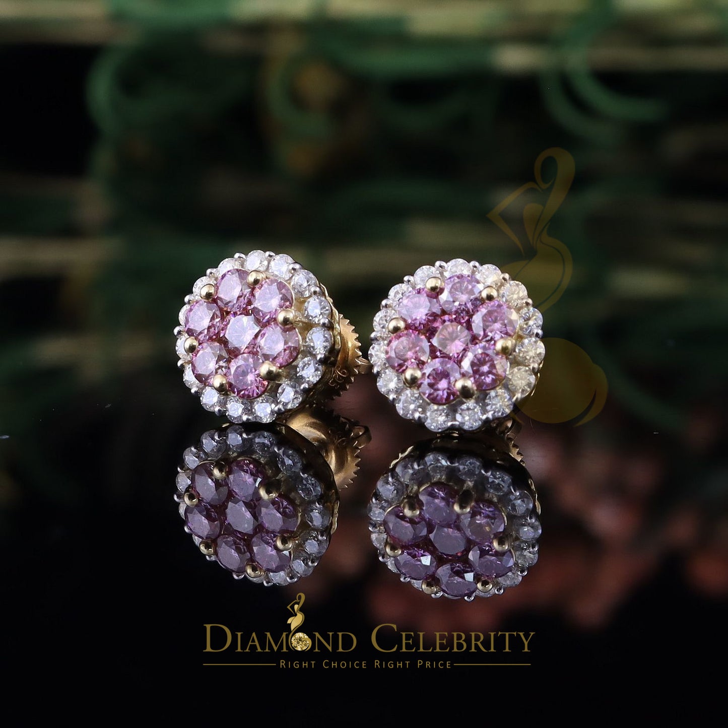 DiamondCelebritees 925 Silver Yellown2.00ct VVS D Pink Moissanite Round Men's/Women's Stud Earrings