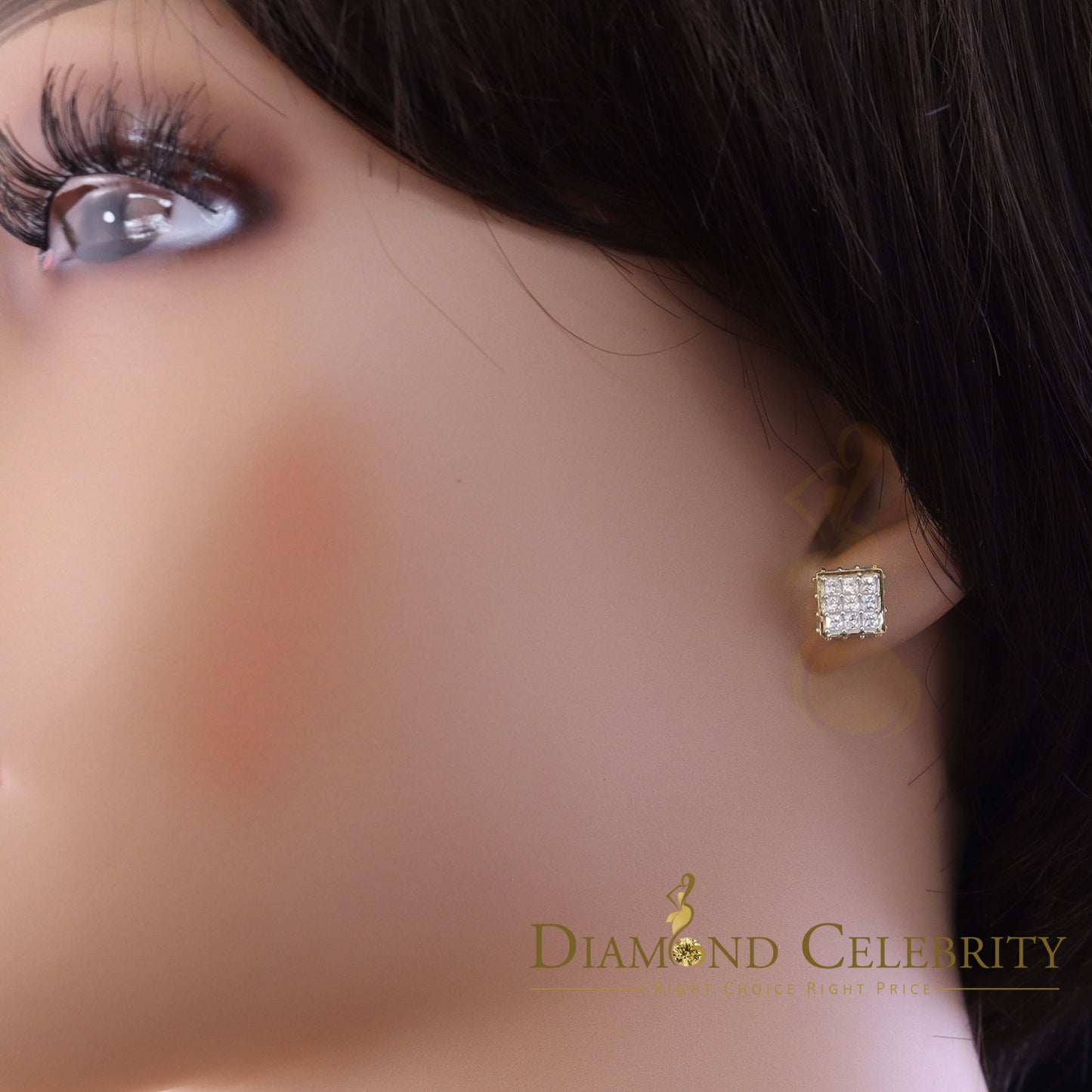 DiamondCelebritees 925 Yellow Silver Screw Back Cubic Zirconia 5.94ct Women & Men Square Earrings