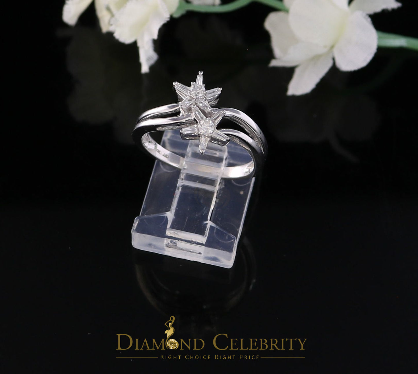 DiamondCelebritees Real 10kt White Gold with 0.25 CT Real Diamond Two Star shape Womens Ring Size 7