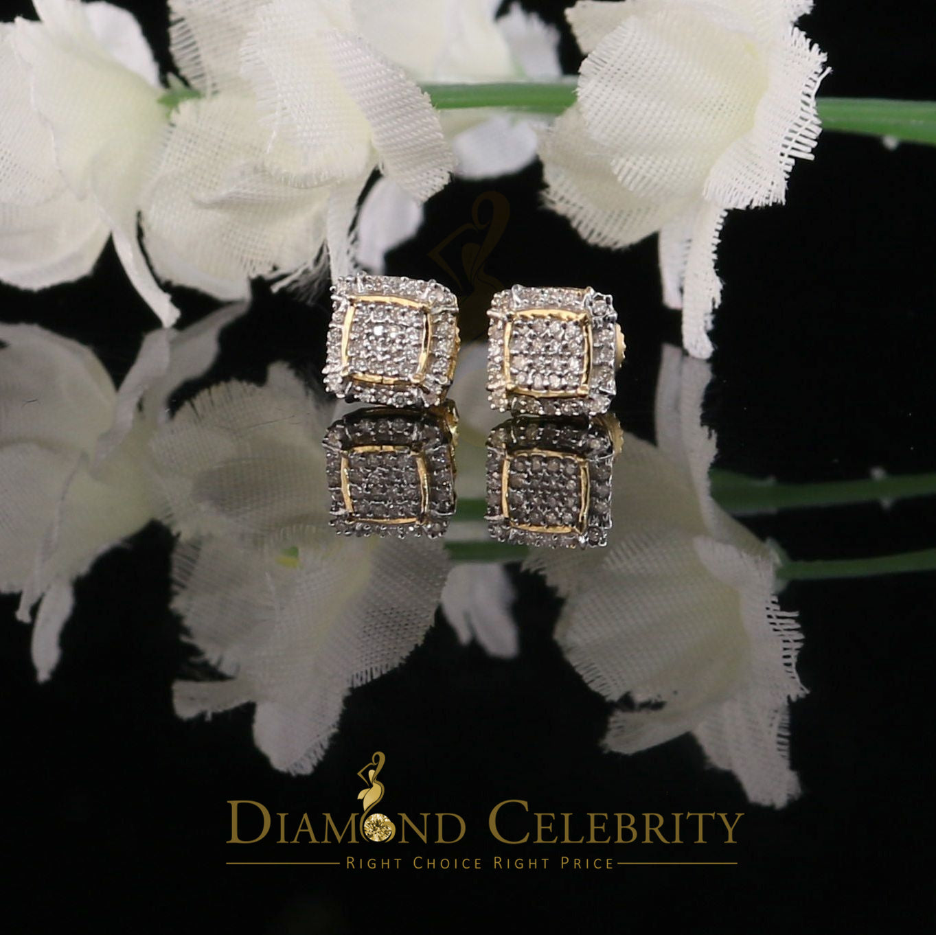 DiamondCelebritees10k Yellow Real Gold Square Stud Earrings with 0.15CT Real Diamonds