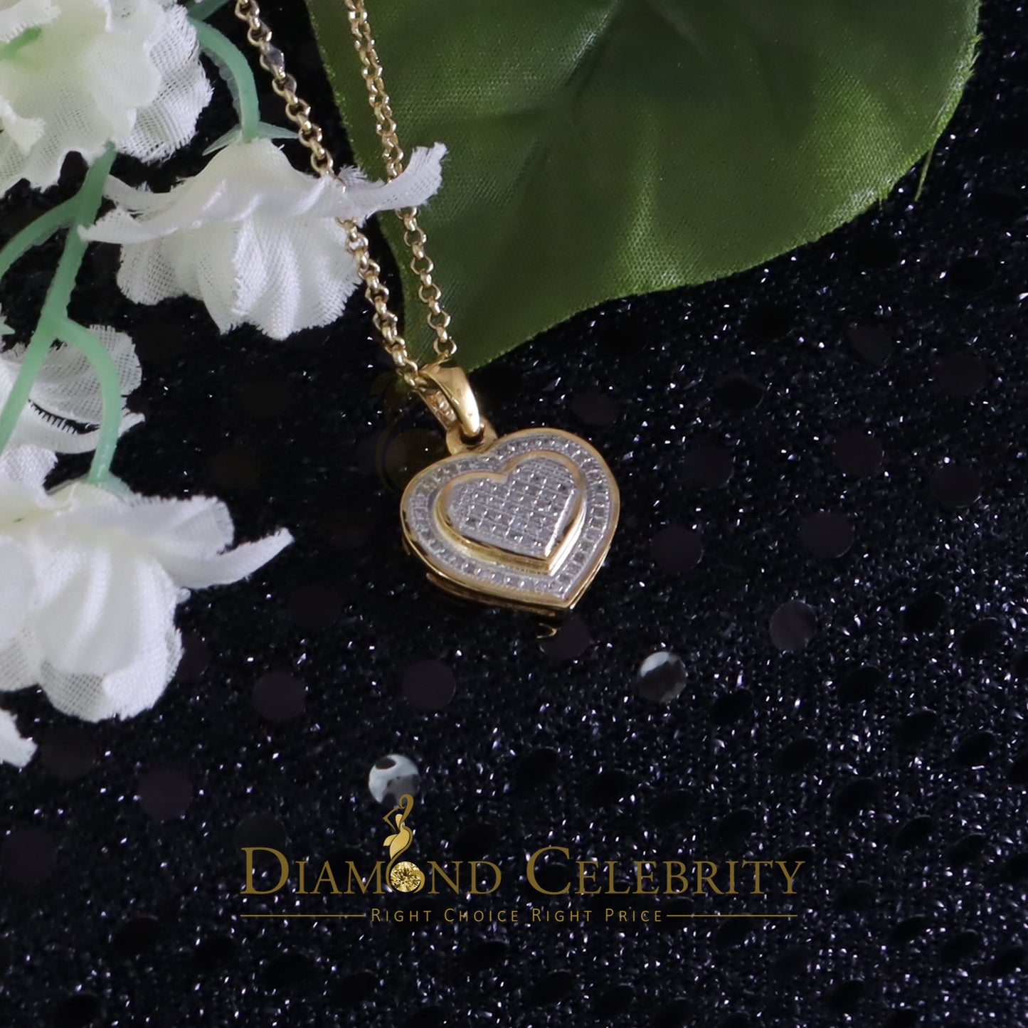 DiamondCelebritees Small Yellow Real 0.25ct Diamond 925 Silver double Heart Charm Necklace Pendant
