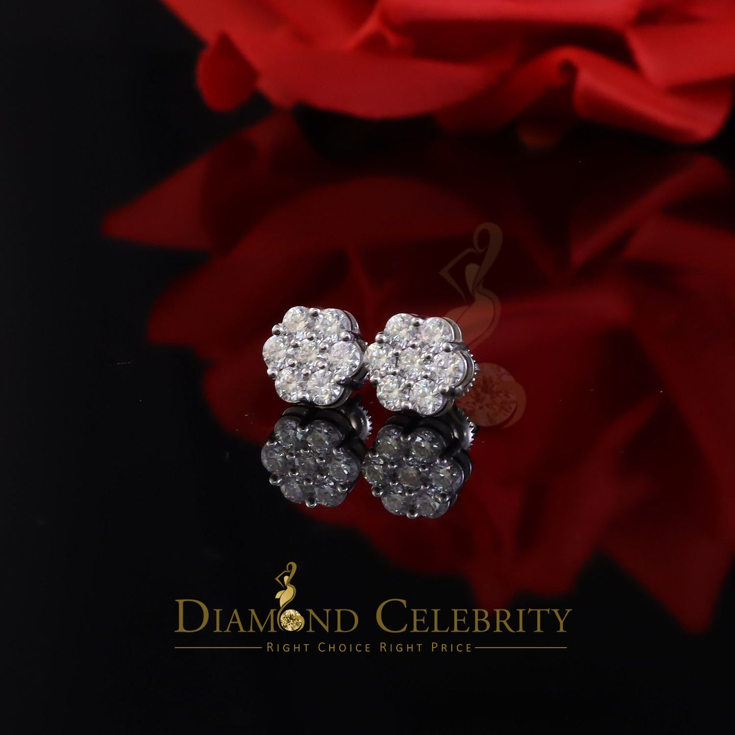 Diamondcelebritees New Men's/Womens 925 Silver White 2.25ct VVS 'D' Moissanite Flower Stud Earrings