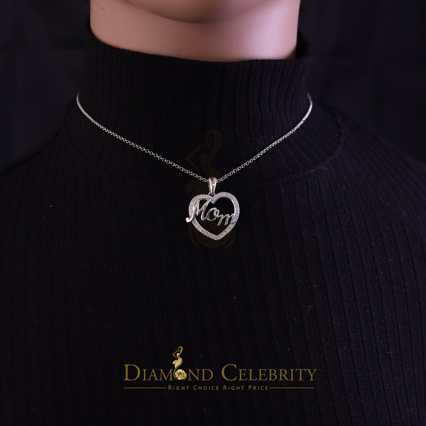 DiamondCelebritees Sterling Silver White Real 0.10CT Diamond HEART MOM'S Charm Necklace Pendant