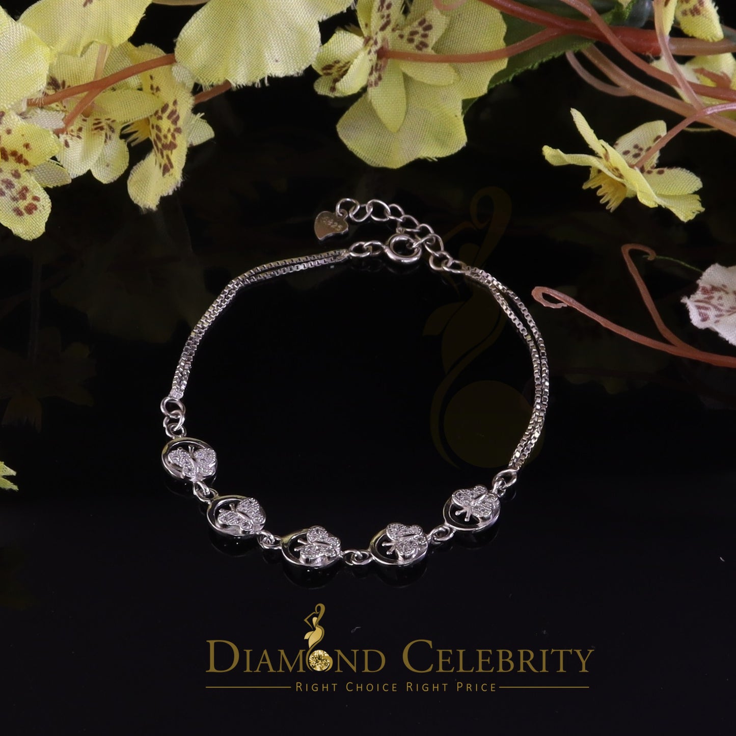 Diamondcelebritees 925 Sterling Silver Butterfly Bracelet White with Cubic Zirconia Size 7 Inch