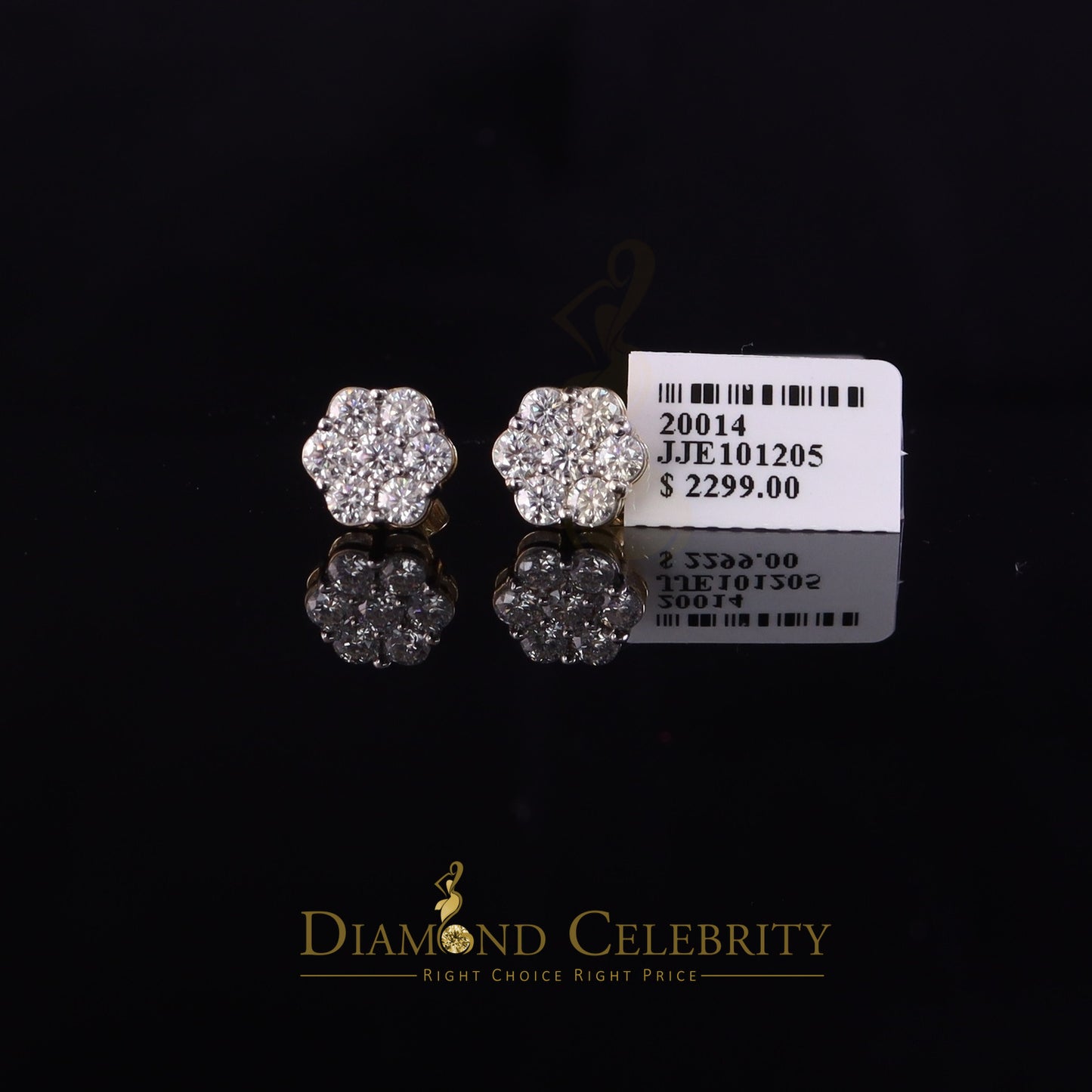 DiamondCelebritees Real Moissanite VVS 'D' Color 2.0ct 10k Real Yellow Gold Stud FLORAL Earrings