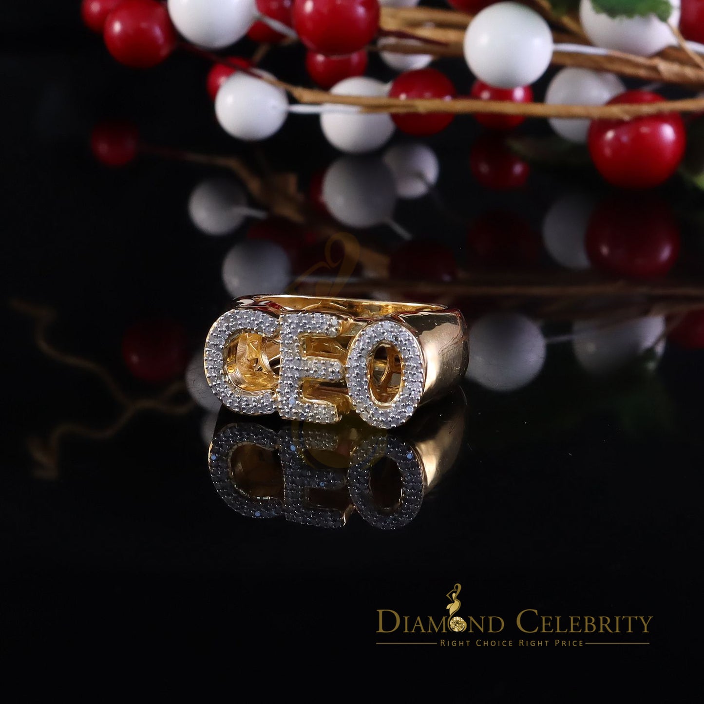 DiamondCelebritees Stylish 925 Yellow Silver 0.40ct Real Micro Diamond Men's "CEO" word Ring SZ 8