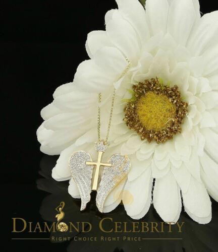 DiamondCelebritees Real 0.44ct Diamond 925 Sterling Silver CROSS with WINGS Necklace Yellow Pendant