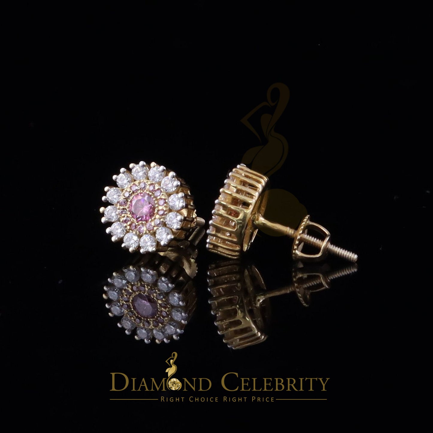 DiamondCelebritees 925 Silver Yellow 1.00ct VVS D Pink Moissanite Round Men's/Women's Stud Earrings