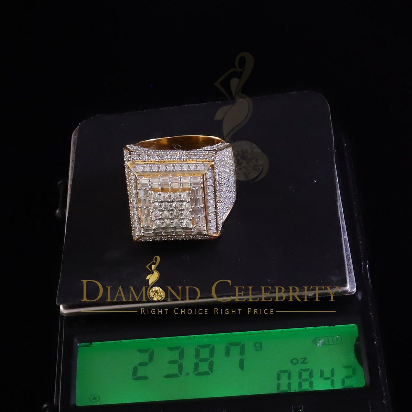 DiamondCelebritees Men's 925 Sterling Silver 5.50ct VVS 'D' Moissanite Yellow Square Rings Size 10