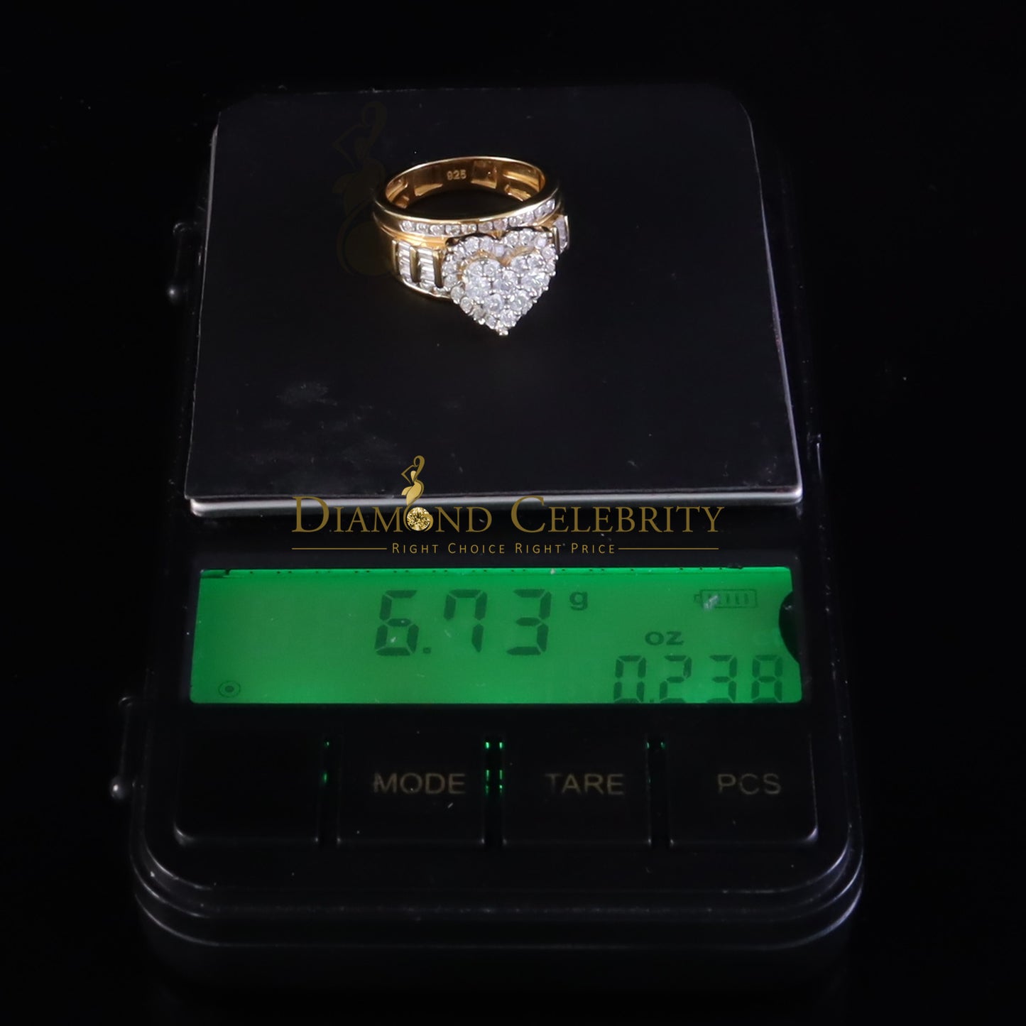 DiamondCelebritees Womens Cinderella Heart Ring SZ7 Yellow 925 Silver 1.00ct VVS D Moissanite