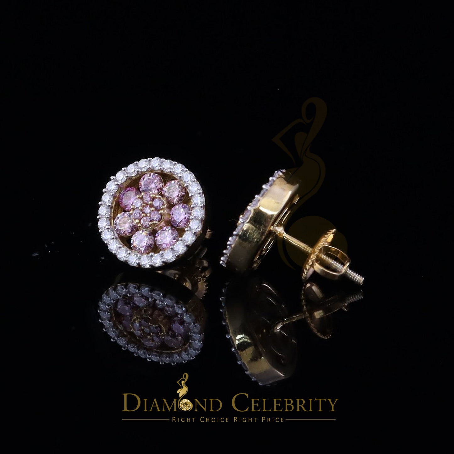 DiamondCelebritees Women's 925 Silver Yellow 1.50ct VVS 'D' Pink Moissanite Round Stud Earrings