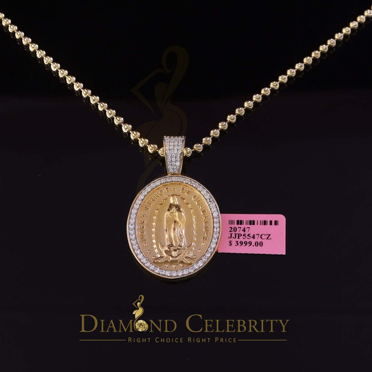 DiamondCelebritees 3D Oval Guadalupe Catholic Virgin Mary in CZ Yellow 925 Silver 1.63ct Pendant