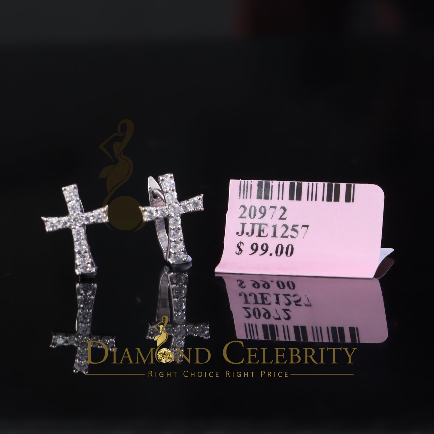 DiamondCelebritees 925 Silver Round Shape White Hip Hop Cross Stud Earrings 22 CZ Stones for Womens