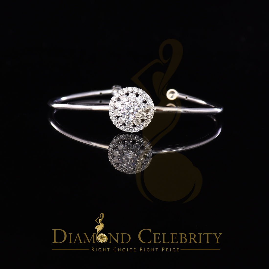 DiamondCelebritees 925 Sterling Silver Floral White Bangle Cubic Zirconia Adjustable Size 2.5''