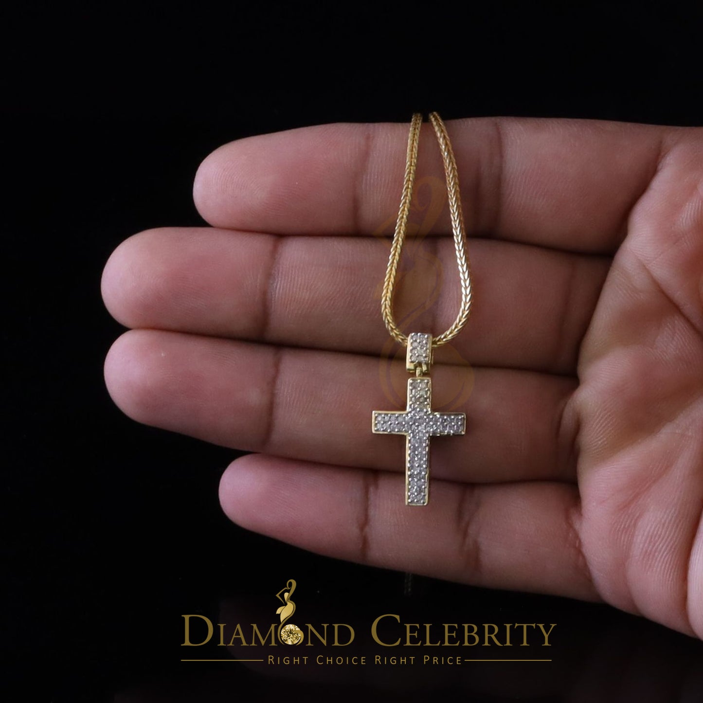 DiamondCelebritees Real 0.33ct Diamond 925 Yellow Sterling Silver CROSS Charm Necklace Pendant