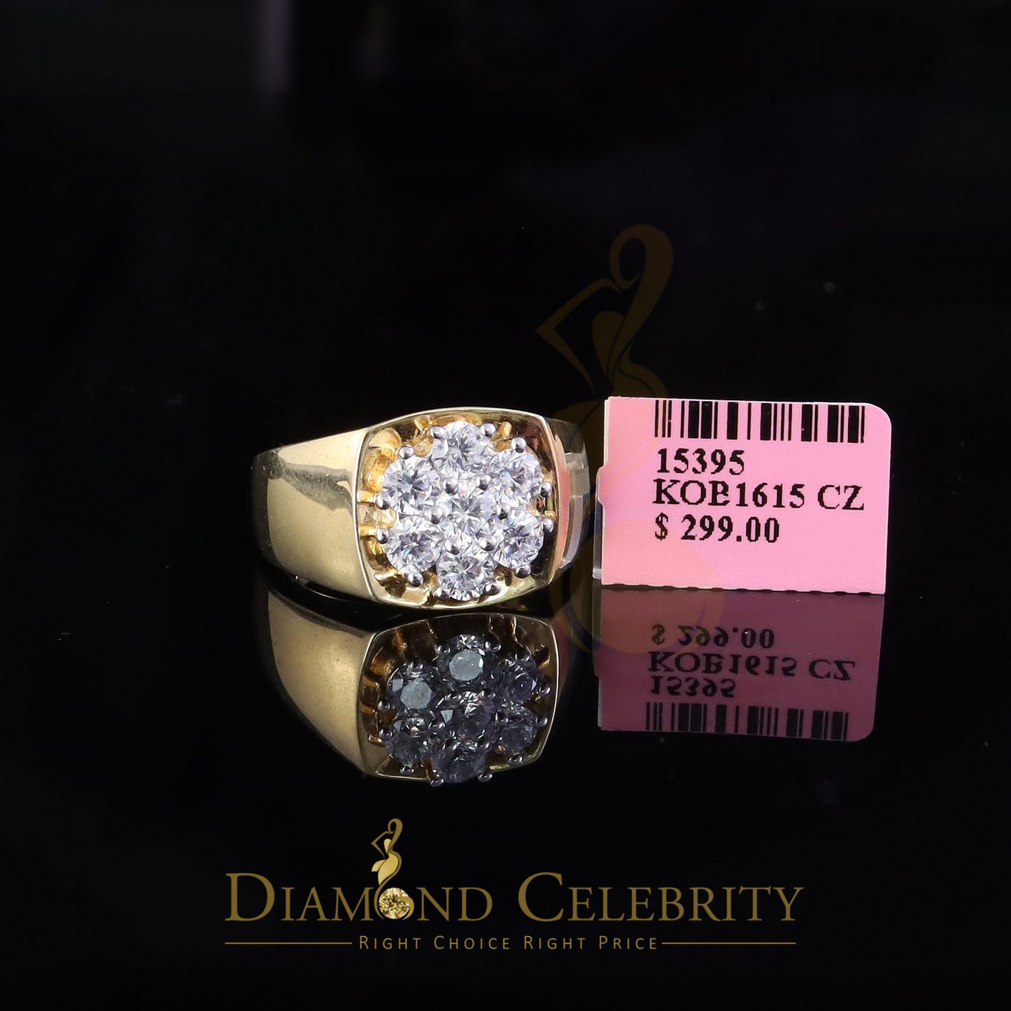 DiamondCelebritees Men's 925 Sterling Yellow Silver Floral 2.30ct Cubic Zirconia Ring Size 9.5