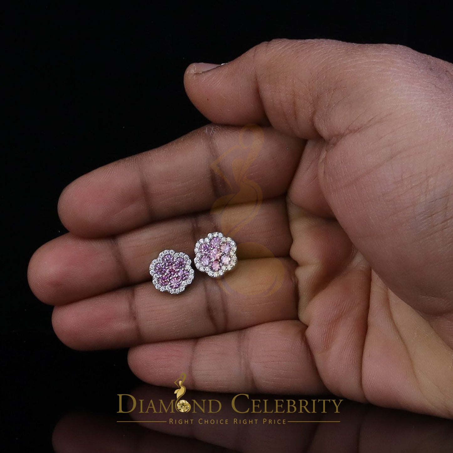 Diamondcelebritees Men's/Women's 925 Silver White 1.50ct VVS D Pink Moissanite Floral Stud Earrings