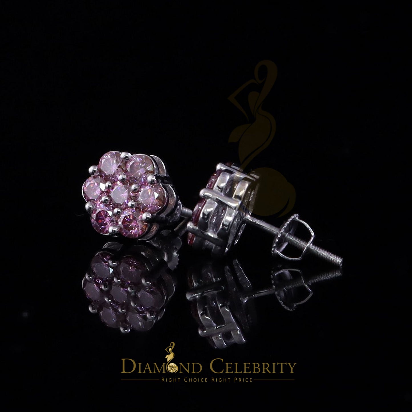 Diamondcelebritees Men's/Women's 925 Silver White 1.66ct VVS D Pink Moissanite Floral Stud Earrings