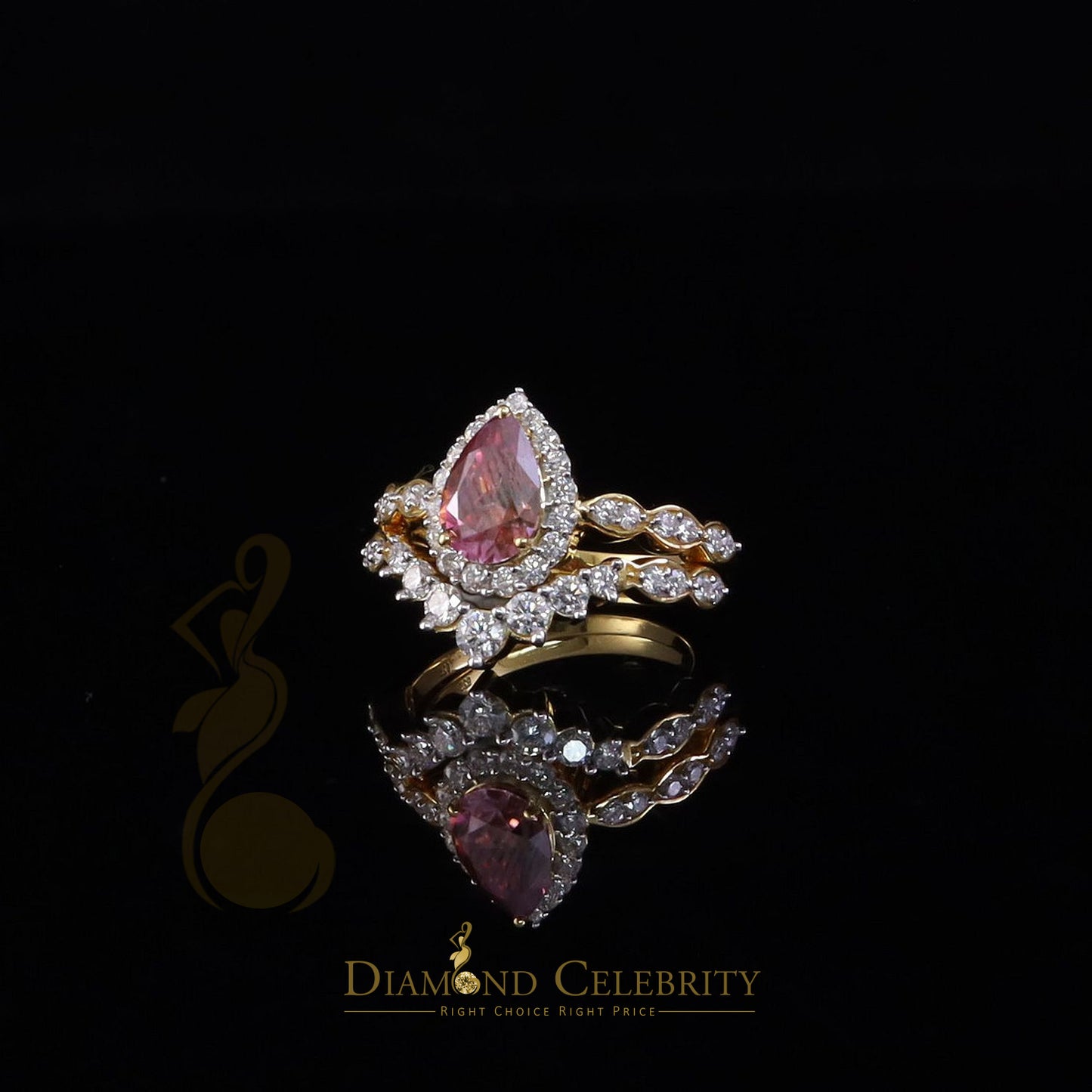 DiamondCelebritees 2.50CTWomen's925SilverYellowVVS D Pink&White Moissanite PearShaped DoubleRingSZ7