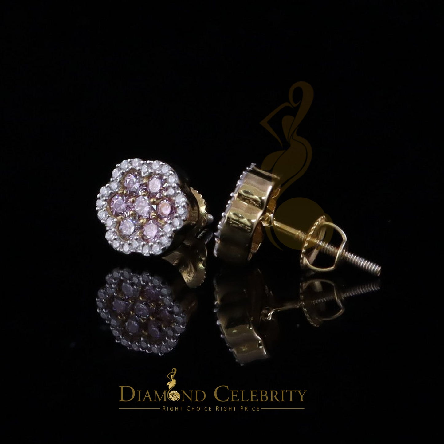 DiamondCelebritees Mens/Women's 925 Silver Yellow 0.66ct VVS D Pink Moissanite Floral Stud Earrings