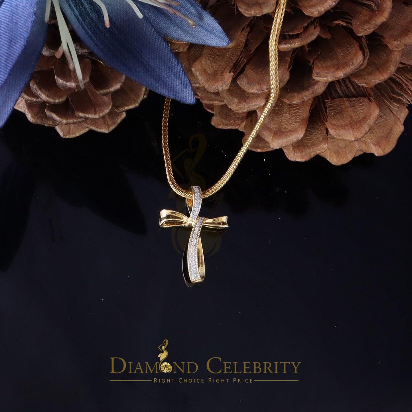 DiamondCelebritees Real 0.07ct Diamond Sterling Silver Yellow Cross Pendant