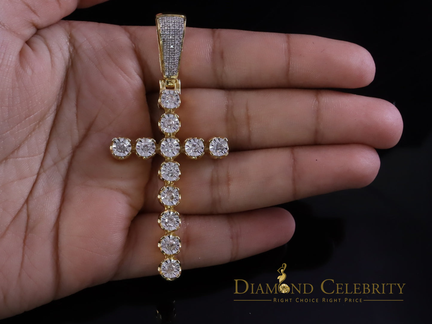 DiamondCelebritees 925 Sterling Silver Real Diamond 0.40CT Cross Crystal Yellow Necklace Pendant