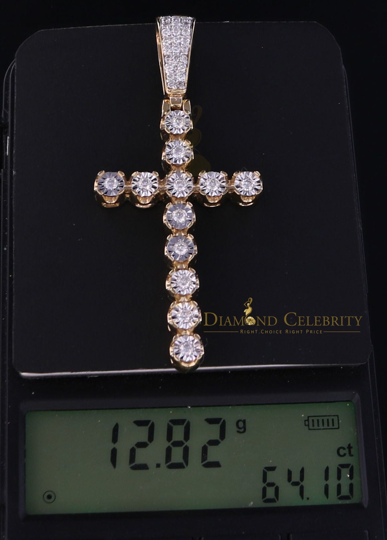 DiamondCelebritees Real 1.25ct Diamond Sterling Silver CROSS Charm Necklace Yellow Pendant