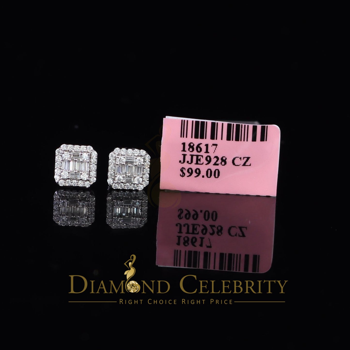 DiamondCelebritees 925 Hip Hop White Sterling Silver 0.64ct Cubic Zirconia Women's Square Earrings