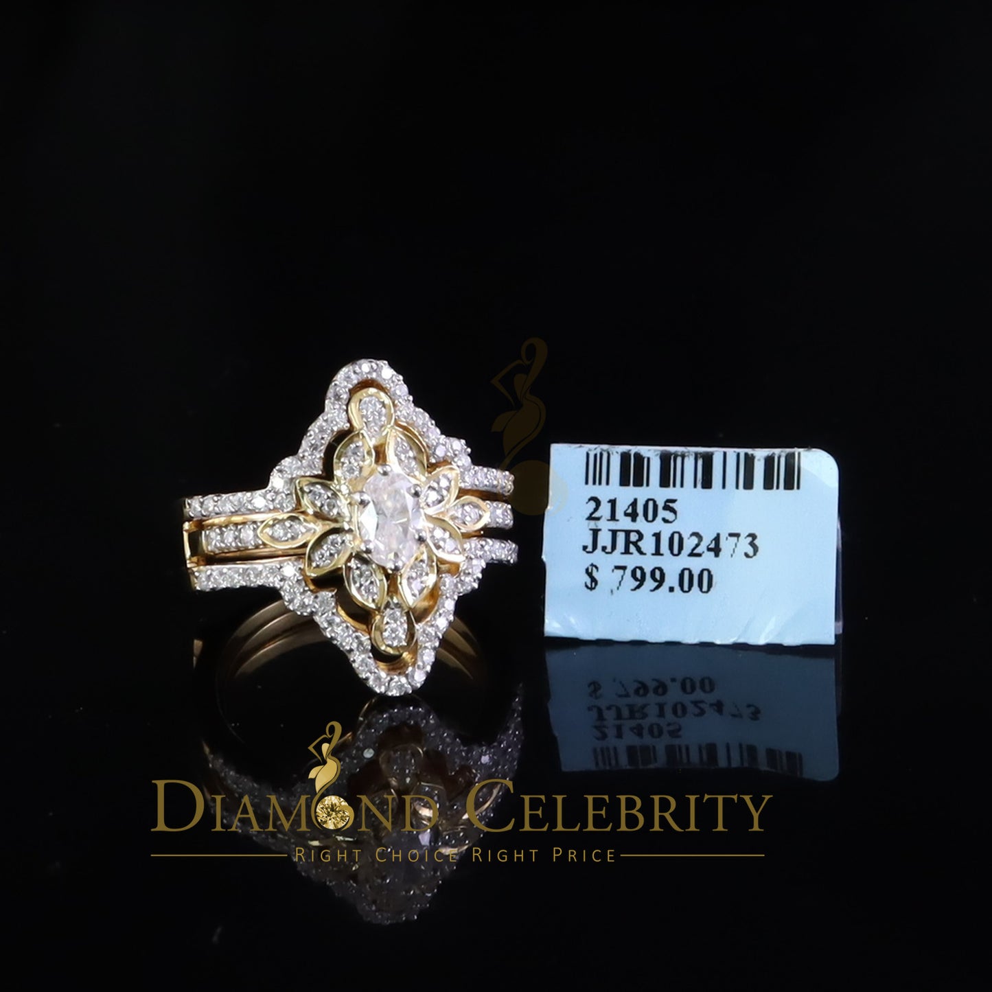 DiamondCelebritees 2.00ct VVS D Moissanite Fancy Ring W/ Guard in SZ 7 Yellow 925 Silver for Women