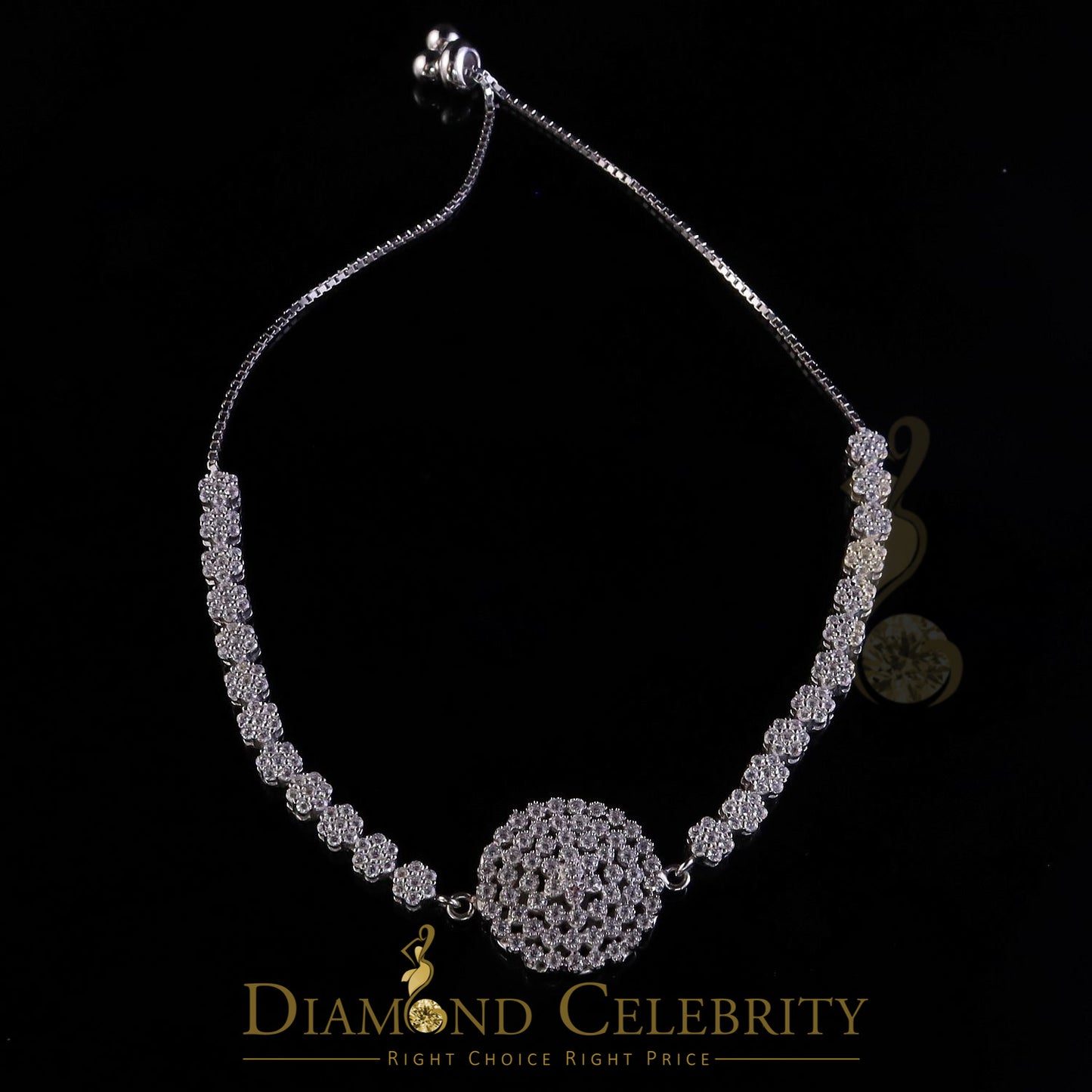 Diamondcelebritees White Sterling Silver Flower Shape Bracelet Cubic Zirconia Adjustable SZ 7 Inch