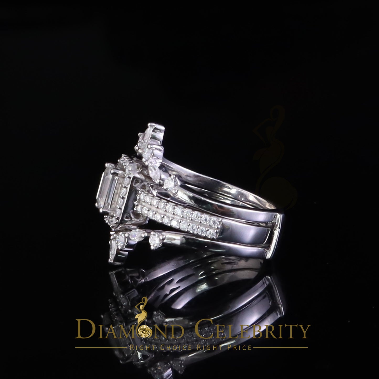 DiamondCelebritees 925 Silver Moissanite White 2.0ct Emerald Cut Round Guard Wrap womens Rings SZ 7