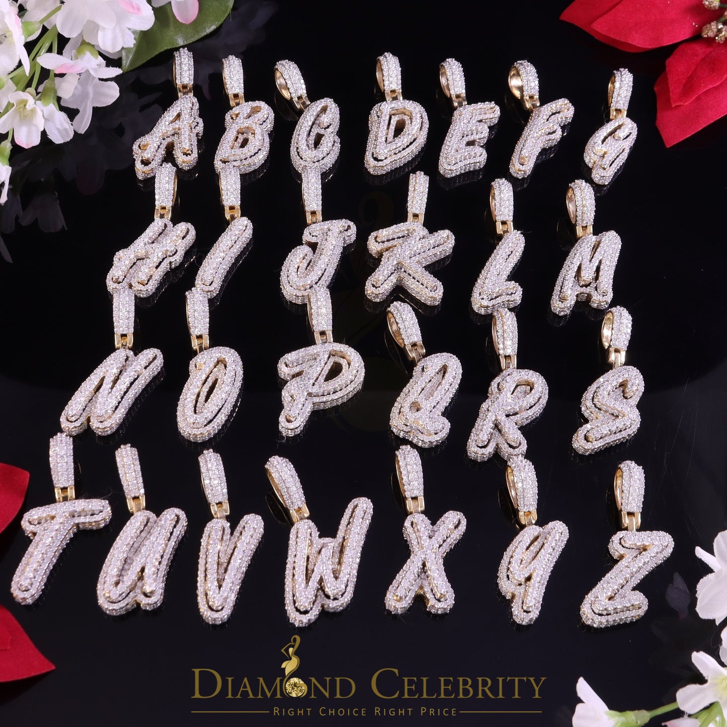 DiamondCelebritees Yellow Cursive 3D Alphabet Shape 925 Sterling Silver Cubic Zirconia Pendant