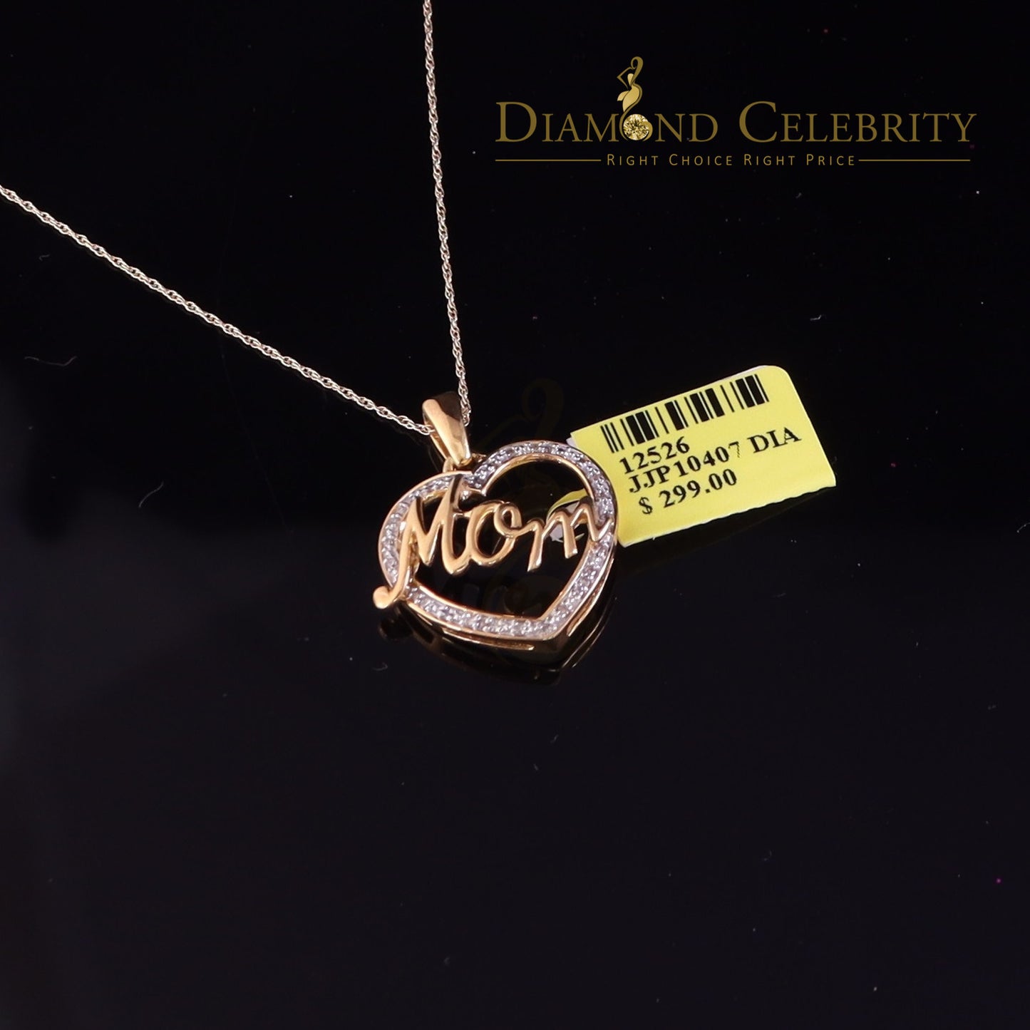 DiamondCelebritees Real 0.10ct Diamond Sterling Silver MOM'S HEART Charm Necklace Yellow Pendant