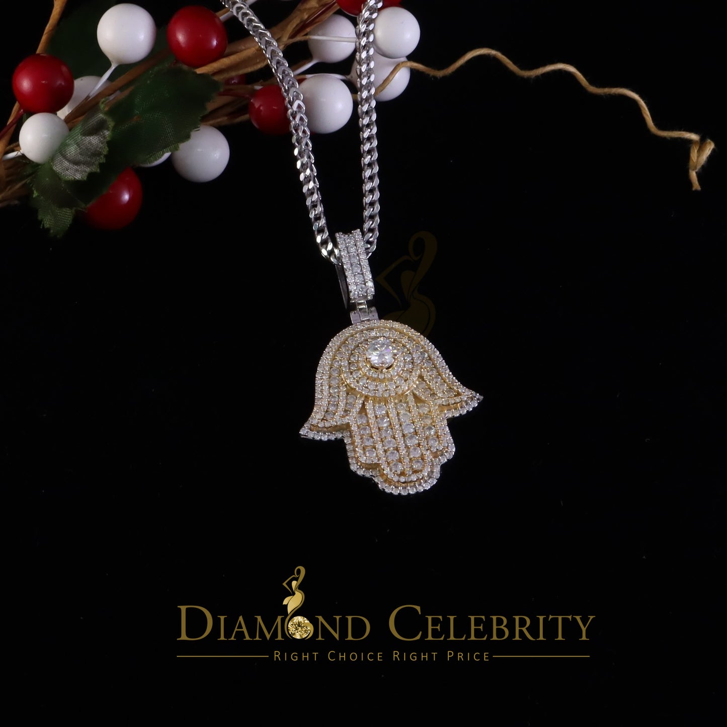 Diamondcelebritees Big 5CT VVS D Moissanite White 2.5 Inch Silver Charm Hamsa Pendant for Men/Women