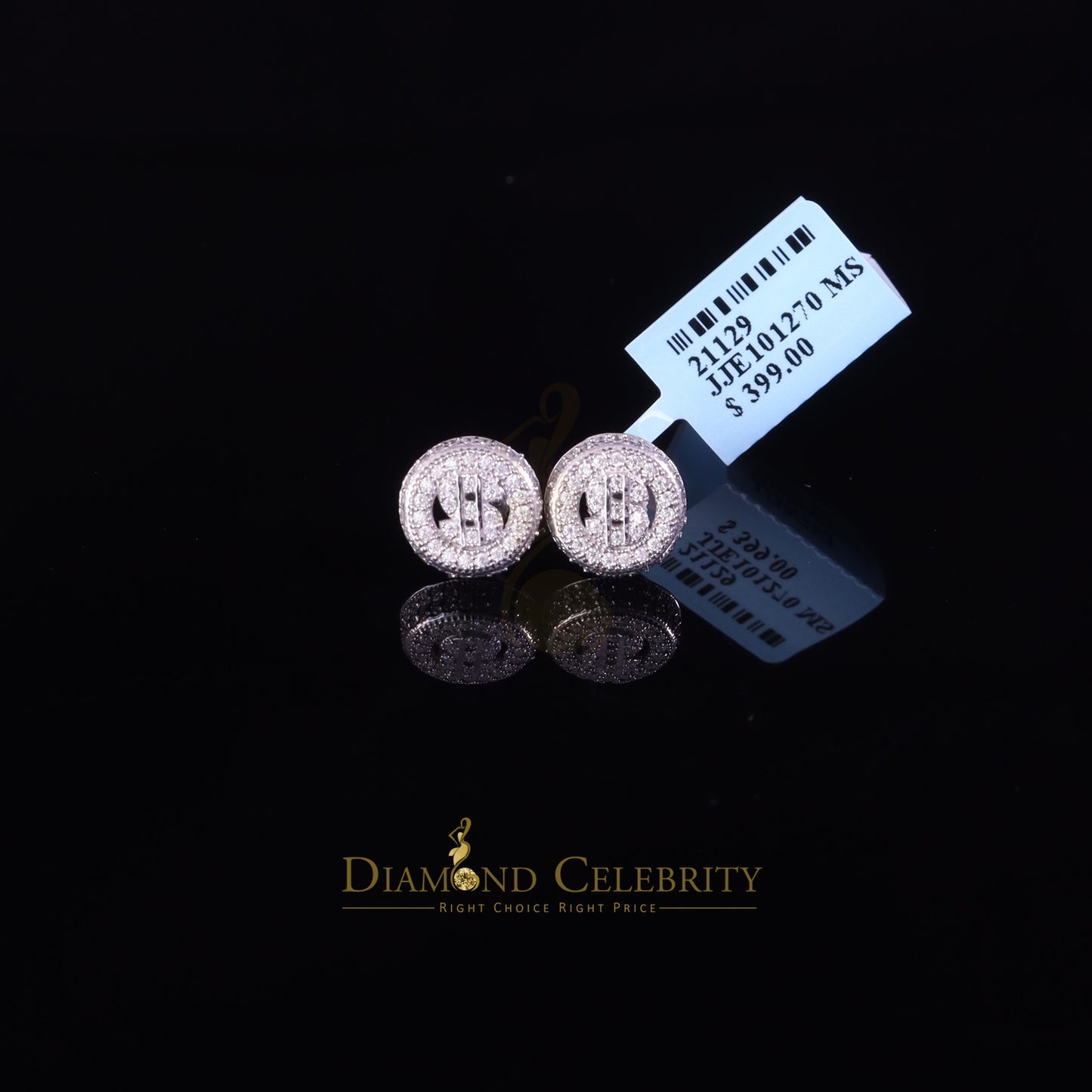 Diamondcelebritees 925 Silver White 1.00ct VVS 'D' Moissanite Dollar Sign Men's/Womens Stud Earring