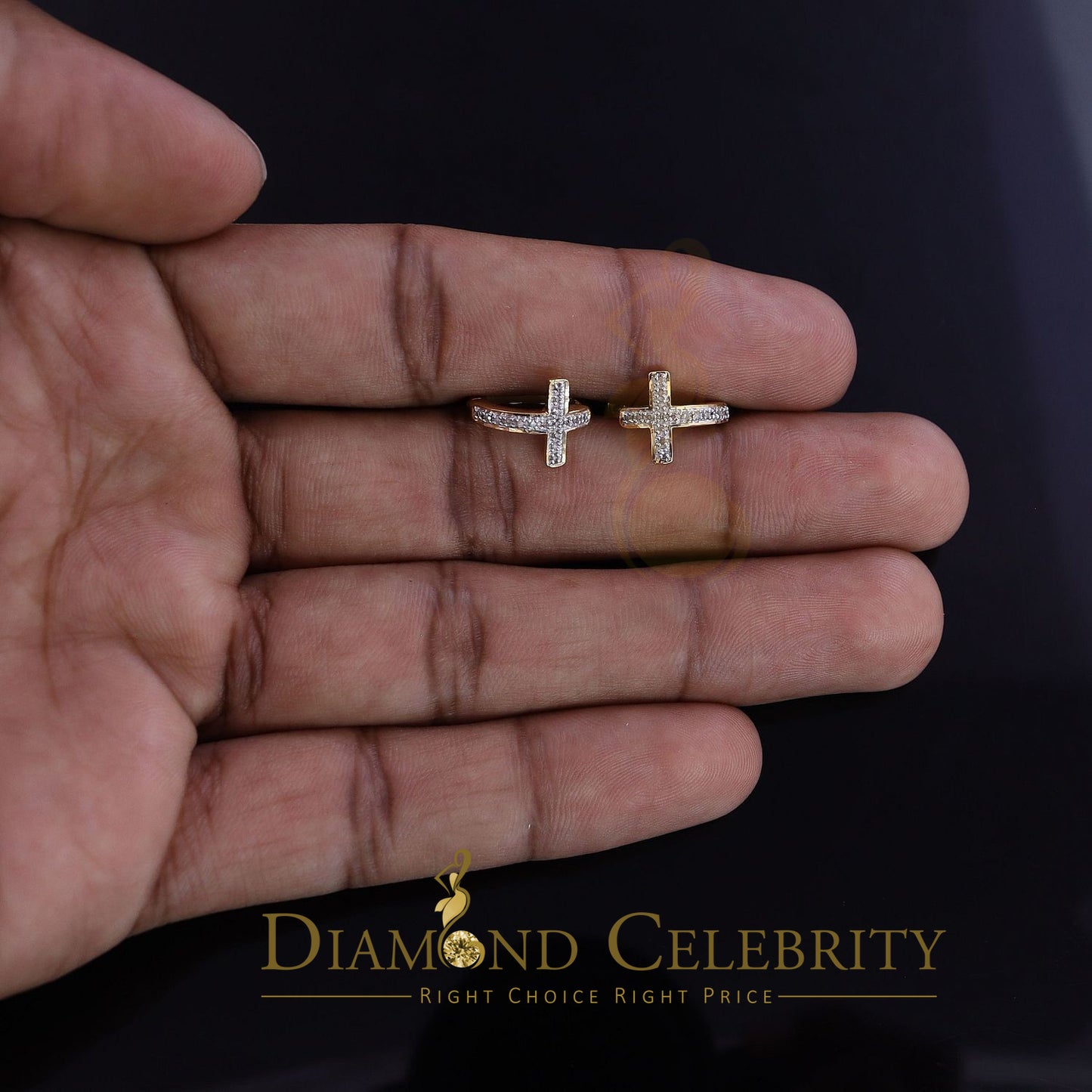 DiamondCelebritees 0.15ct Diamond 925 Sterling Silver Yellow Hoop Stud cross Earring For Men /Women
