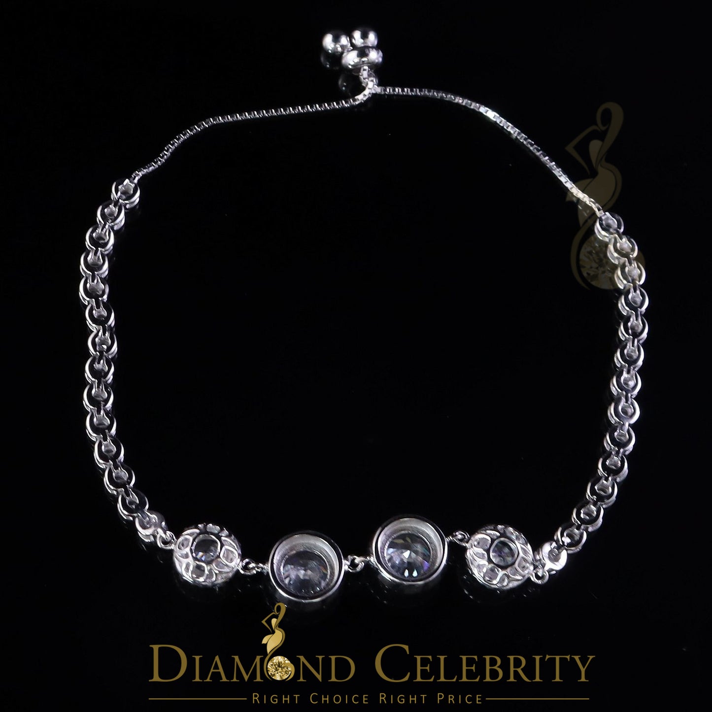 Diamondcelebritees Adjustable Round Solitaire Style White Sterlng Silver Cubic Zirconia Bracelete