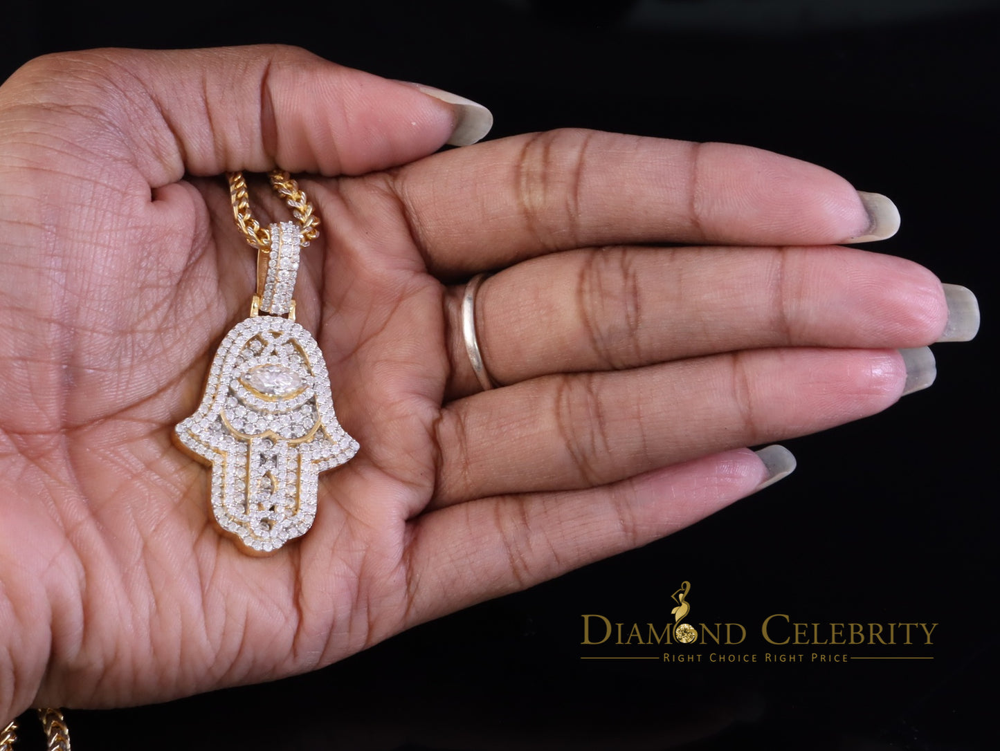 Diamondcelebritees 3.00ct Moissanite VVS D Baguette 925 Silver Yellow Hamsa Pendant For Women's