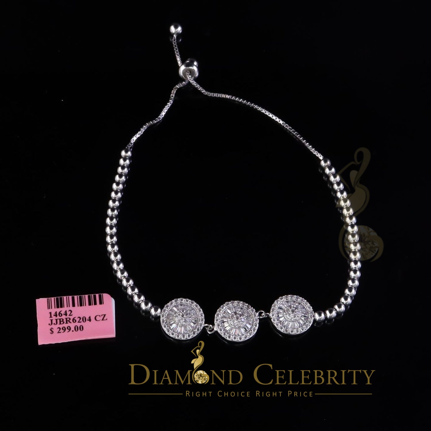 Diamondcelebritees Sterling Silver Fancy Round White Bracelet Cubic Zirconia Adjustable Size 7 Inch