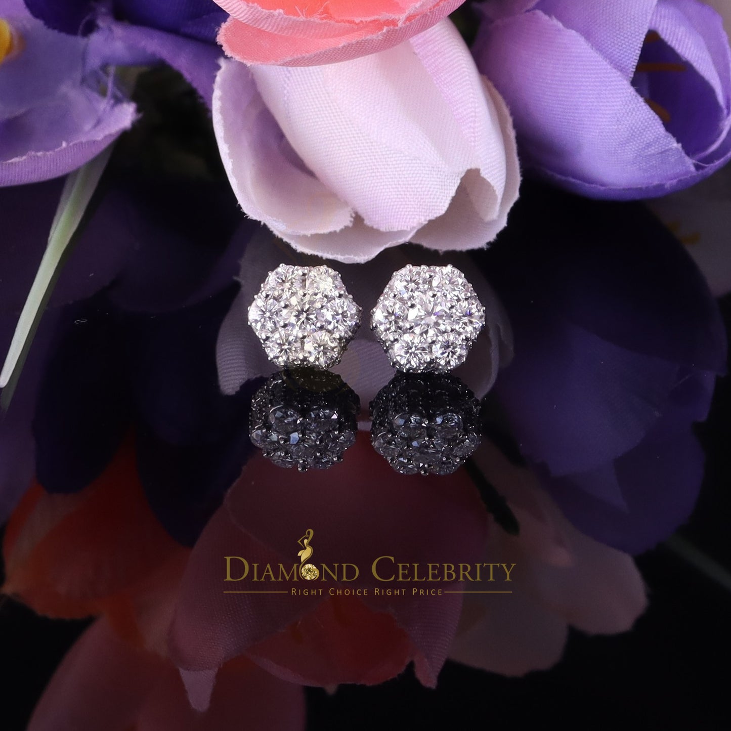 Diamondcelebritees Men's/Women's 925 Silver White 2.00ct VVS 'D' Moissanite Floral Stud Earrings