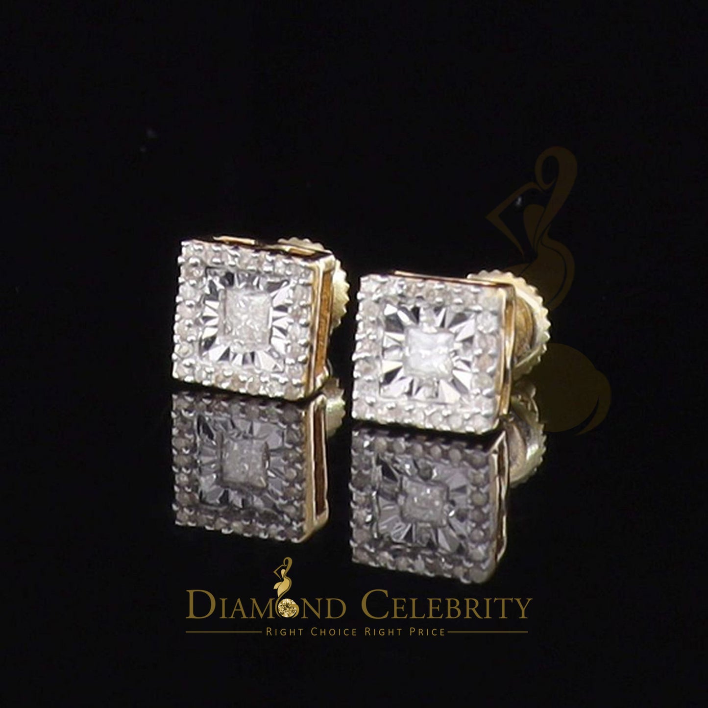 DiamondCelebritees 925 Yellow Silver 0.20ct Diamond Women's/ Men's Stud Square Fashion Earrings