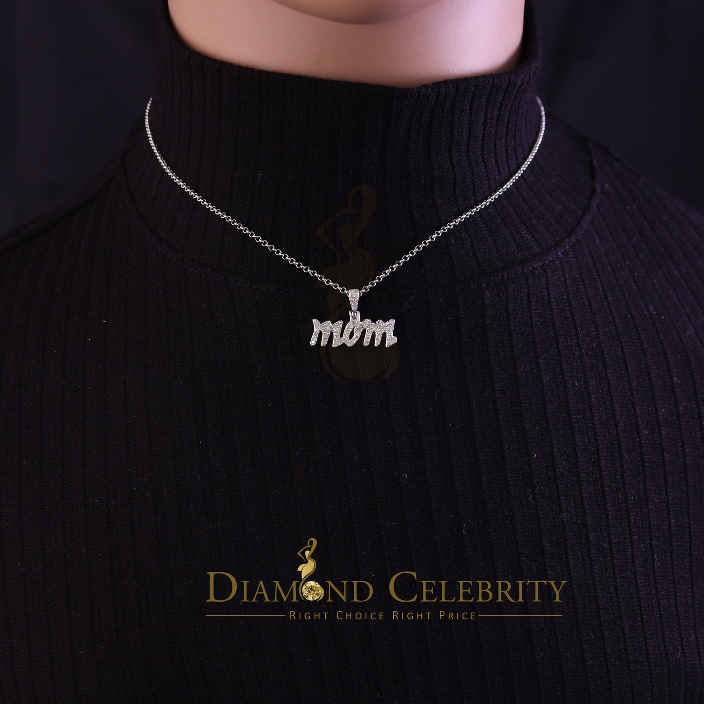 DiamondCelebritees White 925 Sterling Silver Real 0.25CT Diamond MOM'S Charm Necklace Pendant